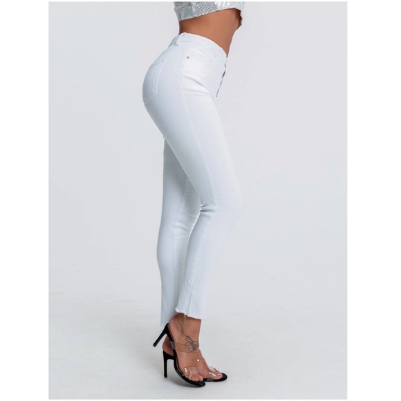 High Stretch White Skinny Jeans Raw Hem Zipper Fly  Buttons Pockets - Picture 4 of 7